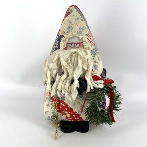 Vintage Handmade Folk Art Plush Santa Clause Antique Patchwork Quilt Wood Base